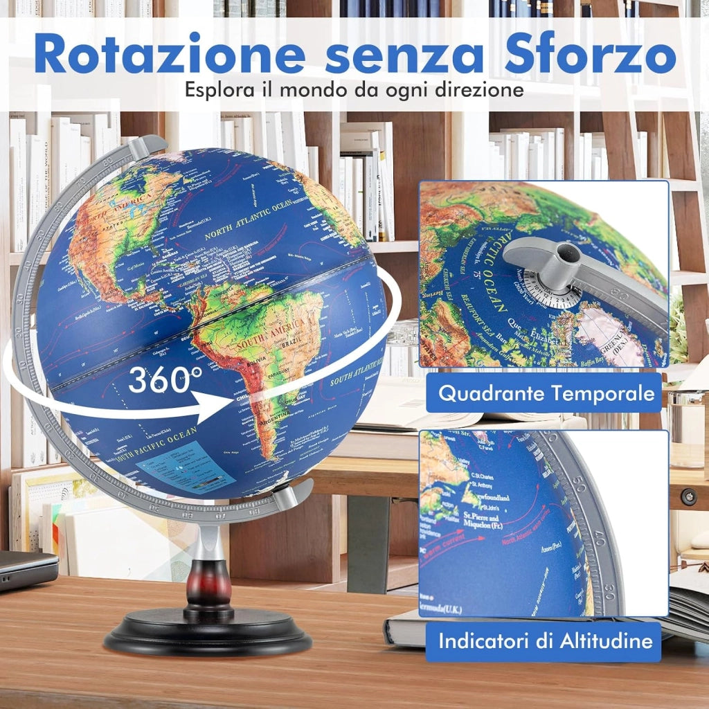 COSTWAY Mappamondo con Luce, Globo Terrestre Illuminato da 30 cm, Supporto in Legno, Decorazione Educativa in l’Inglese, per Casa, Ufficio e Scuola