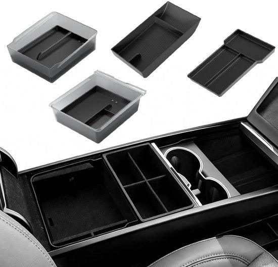 Organizzatore automatico per console centrale, 4 accessori per Tesla Model Y Juniper, pannello divisore automatico, bracciolo in pelle nera, cassetto di archiviazione nascosto, supporto bracciolo