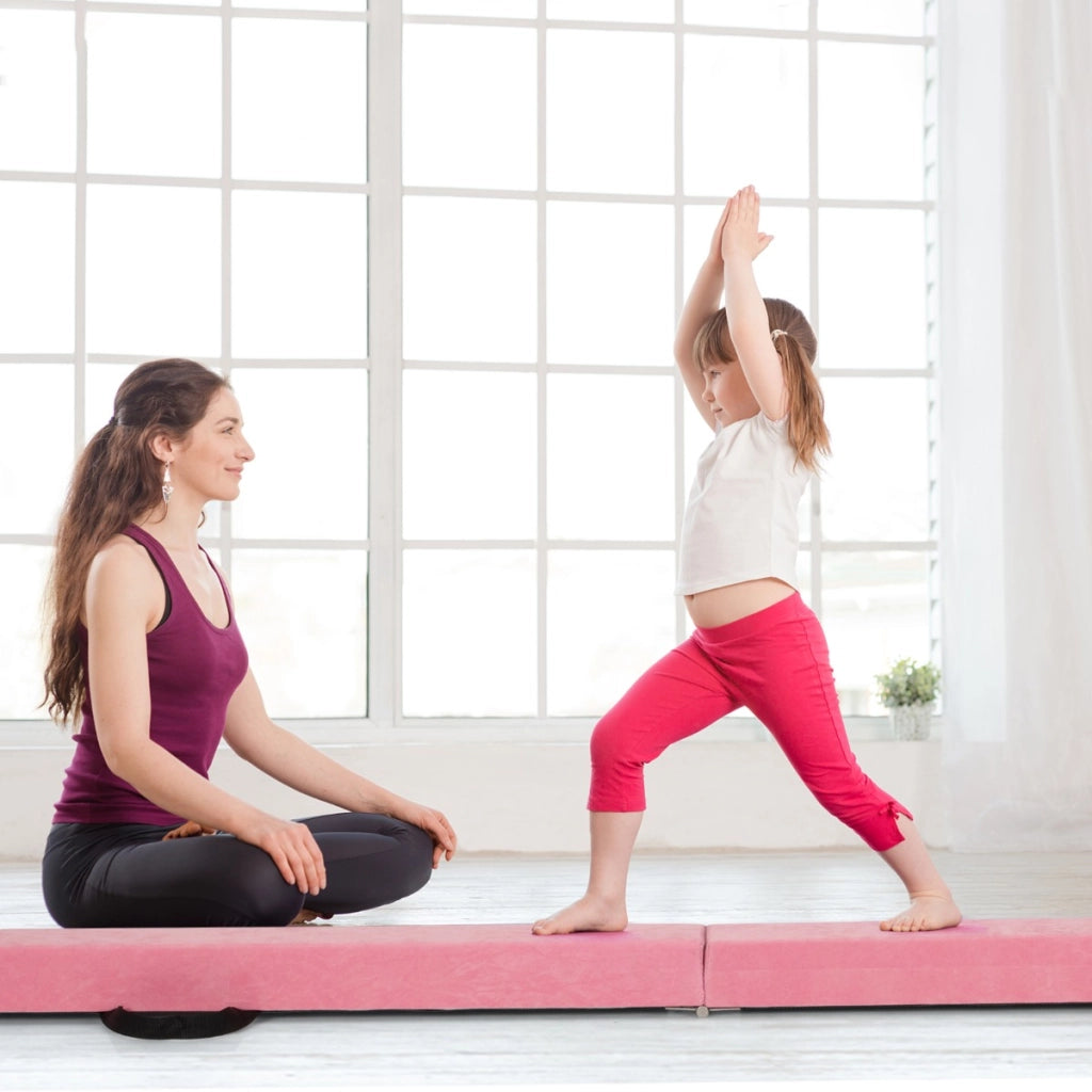 Trave 210 cm pieghevole da ginnastica con solida base di legno, Trave di equilibrio portatile con maniglie Rosa-Sbarre e travi da ginnastica
