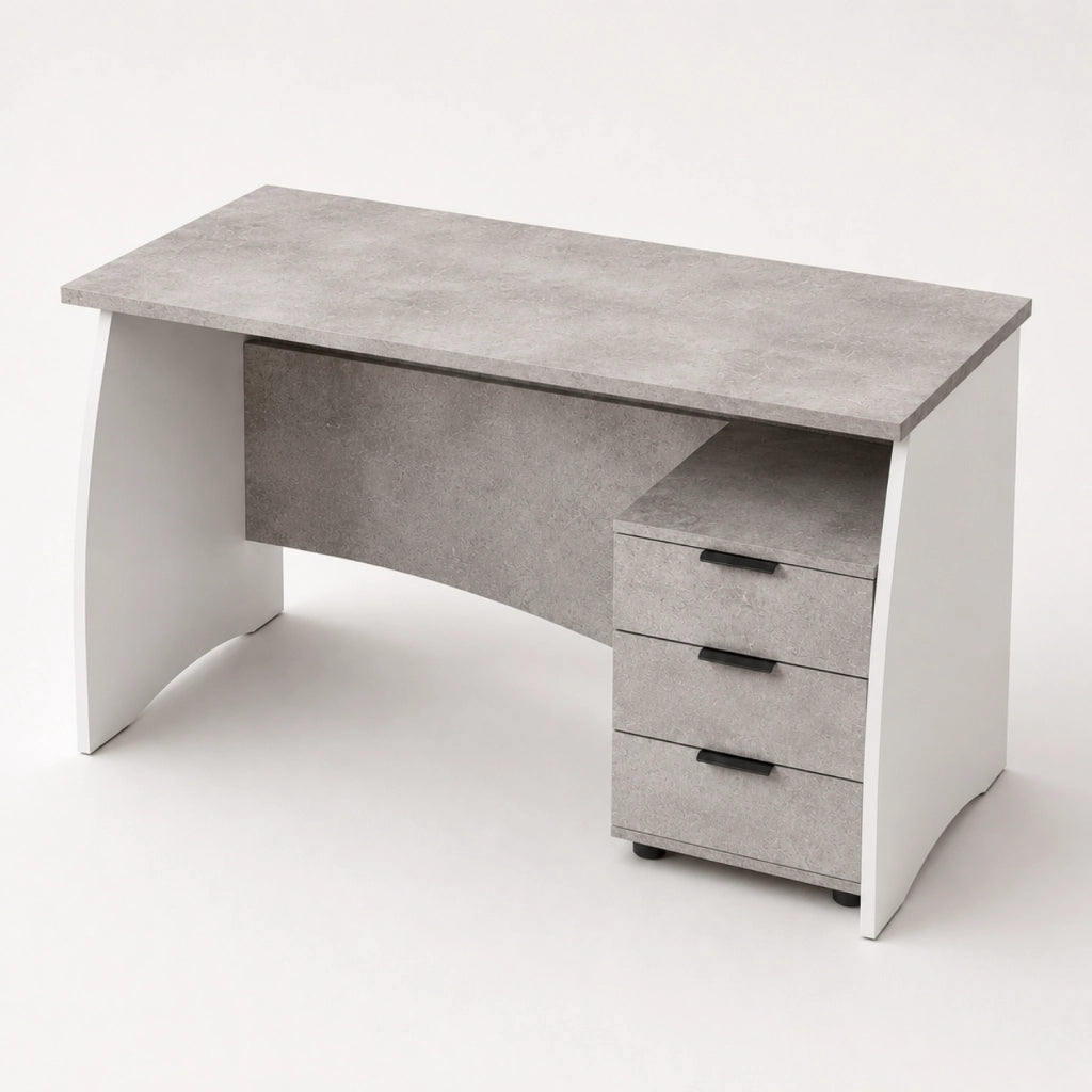 Scrittoio  Con 3 Cassetti Scrivania Da Studio O Ufficio Mobile Desk Per Soggiorno E Sala Da Pranzo 136 X 74 X 67 Cm Bianco E Grigio Cemento