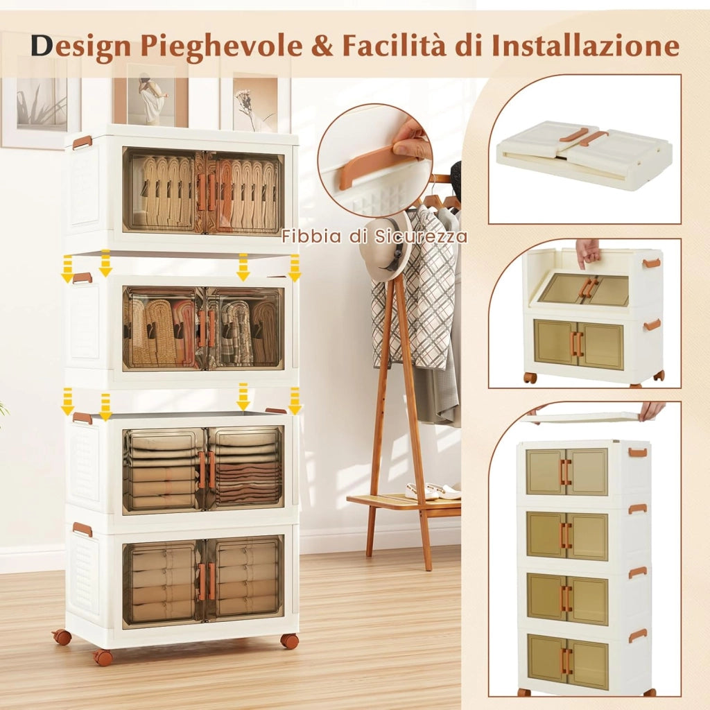 Contenitori Pieghevoli con Coperchio, Set da 4/3 Scatole di Plastica Impilabili con Ruote, per Organizzatore di Armadio con Porte a Apertura Frontale, Multiuso (62,5 x 34,5 x 130,5 cm)
