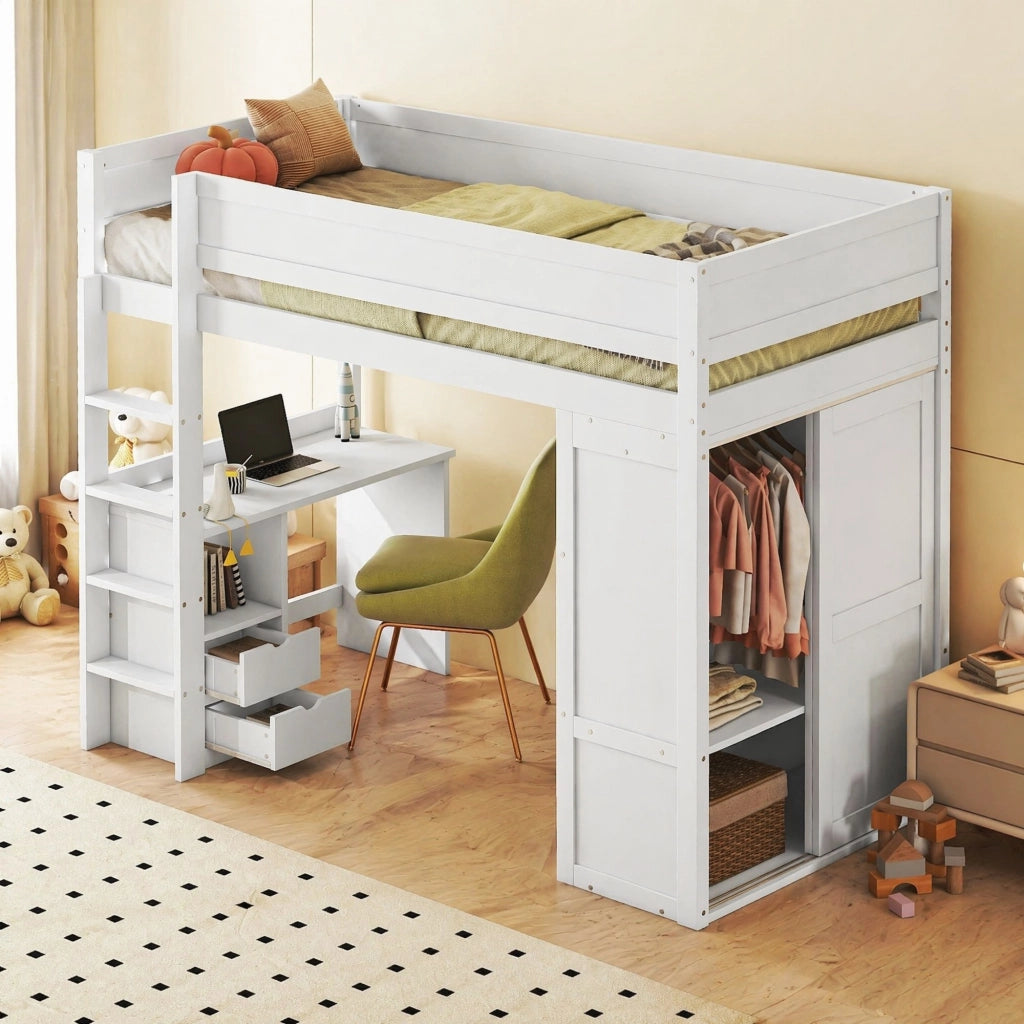 Letto a soppalco per bambini 90x200 cm con scrivania e armadio