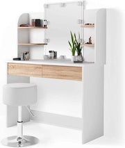 Tavolo da trucco in legno beige - Specchio con illuminazione LED - Con sgabello - Tavolo da trucco per donne - 108 x 142 x 40 cm