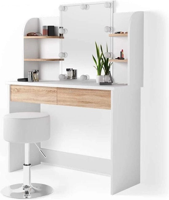 Tavolo da trucco in legno beige - Specchio con illuminazione LED - Con sgabello - Tavolo da trucco per donne - 108 x 142 x 40 cm