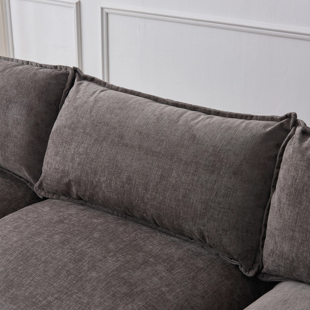 Divano angolare modulare 3 posti con pouf mobile e 2 cuscini, in ciniglia, grigio