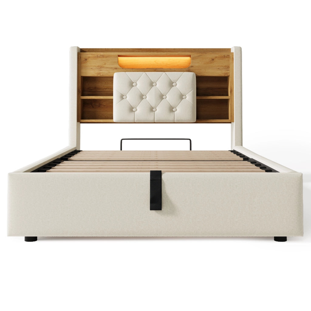 Letto matrimoniale 90x200 cm con contenitore idraulico; LED e porte USB; in lino beige