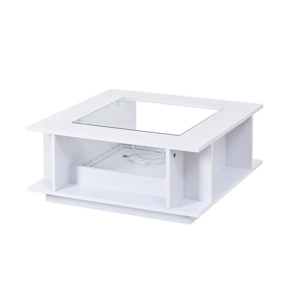 Tavolino basso quadrato con LED, 2 vani aperti e ripiani laterali, in truciolato e vetro, bianco, 70 × 70 × 30 cm