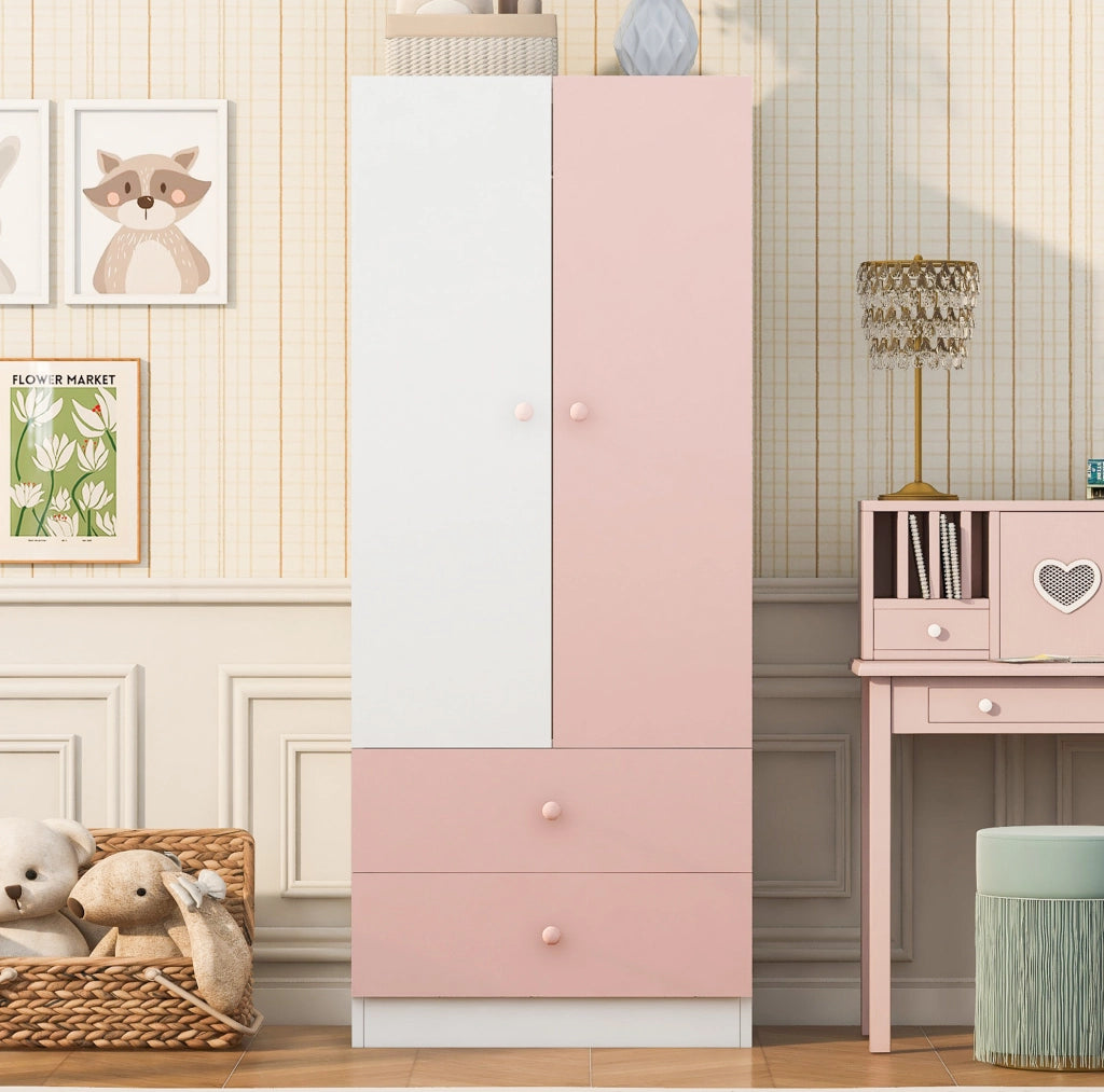 Armadio guardaroba singolo 70 x 40 x 170 cm con due cassetti; rosa e bianco