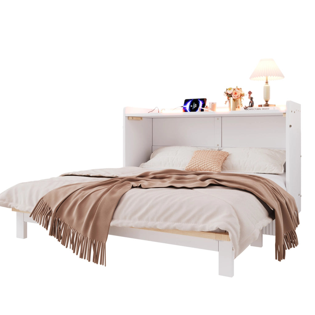 Letto a scomparsa 140x200 cm bianco con LED, USB, presa e cassetti