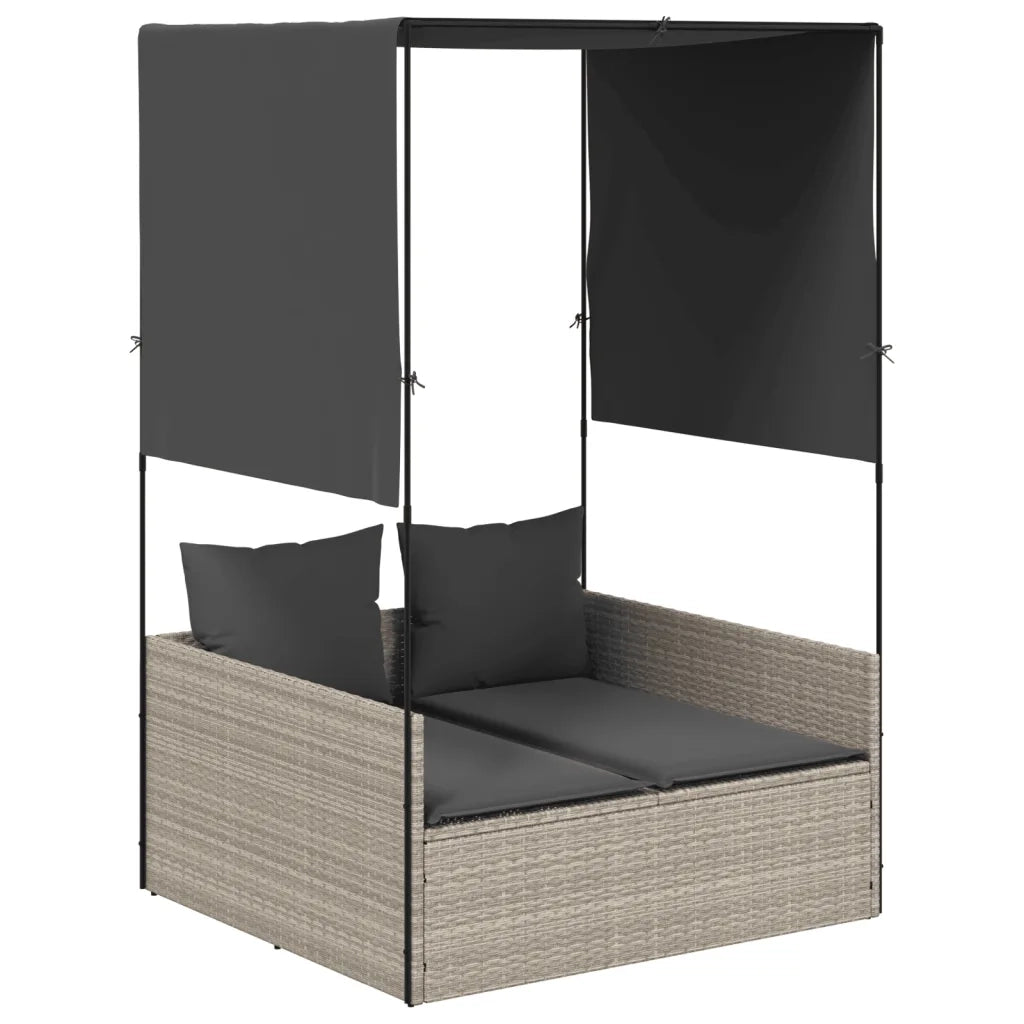 Lettino Prendisole | Sdraio da giardino | Lettino da sole Tetto e Tende Grigio Chiaro in Polyrattan