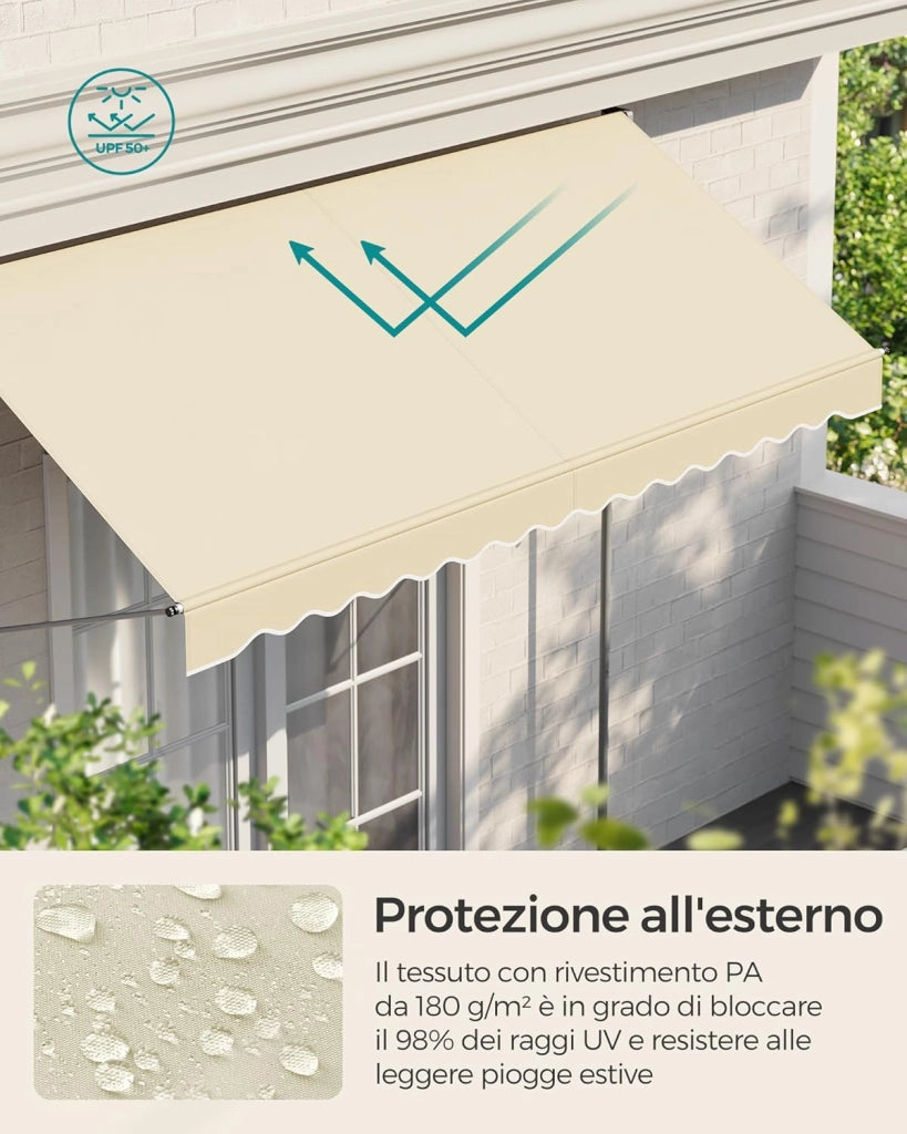 SONGMICS Tenda da Sole Avvolgibile, Tendalino Parasole Retrattile Manuale, Regolabile in Altezza con Manovella per Balcone Giardino Patio, 300 x 120 cm, Beige GSA302M01