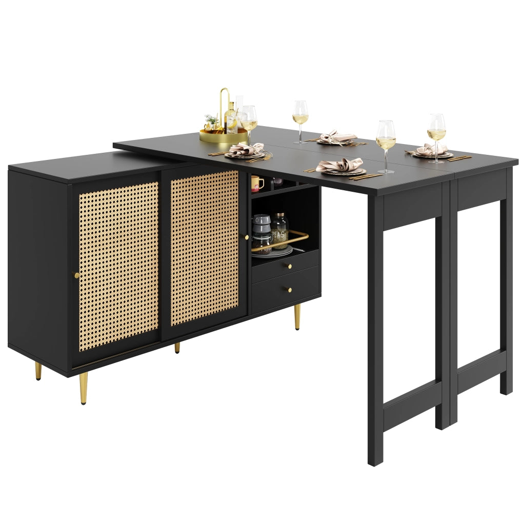 Mobile Bar con Anta in Rattan; Cassetto; Ripiani Aperti; Piano Girevole a 360° ed Estensibile per Cucina