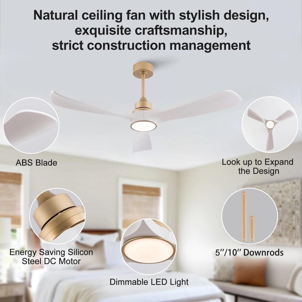 Ventilatore da soffitto bianco-oro 52 pollici con luce e telecomando, funzione memoria, motore DC silenzioso reversibile, 3 pale ABS