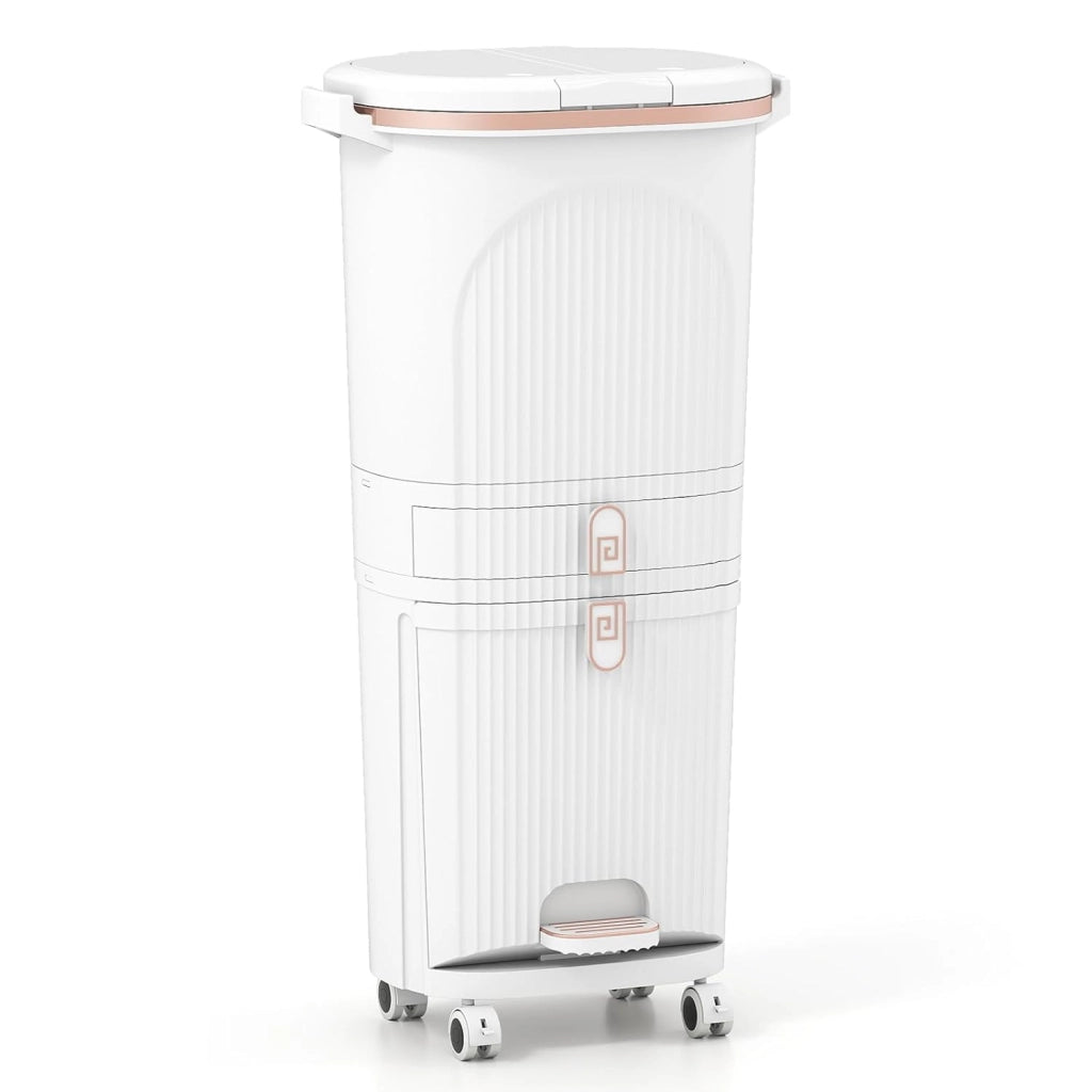 Pattumiera da Cucina 42 L, Pattumiera Verticale per il Riciclo con Ruote, 3 Contenitori Rimovibili, 1 Cassetto e Ganci, Contenitore in PP con Coperchi e Pedale, per Ufficio, Bagno (Bianco)