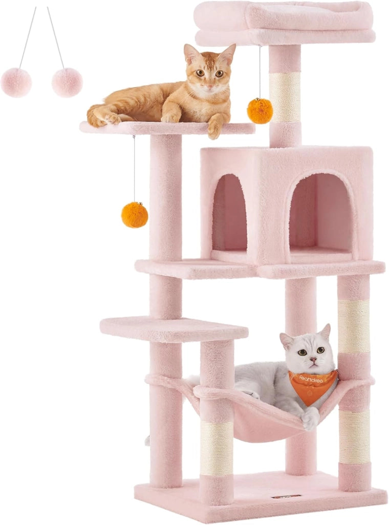 Feandrea Albero per Gatti Alto 143 cm, Tiragraffi per Gatti, con 4 Pali Graffiatoi, 2 Posatoi, 1 Grotta, 1 Amaca, 2 Pompon, in Peluche a Più Livelli, Marrone Cammello PCT161K01
