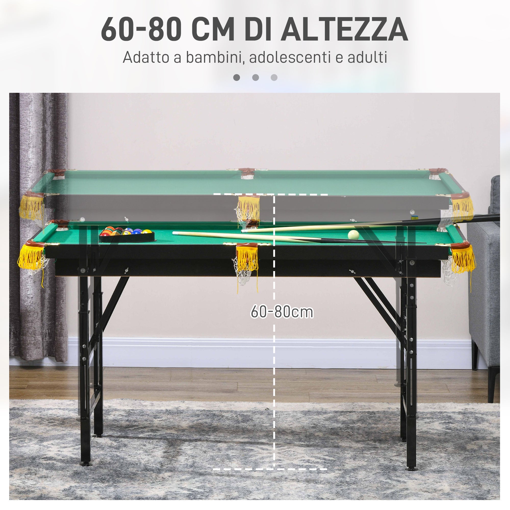 Tavolo Multi Gioco Pieghevole 2 in 1 per Biliardo e Ping Pong 140x63x60-80 cm con Accessori Inclusi