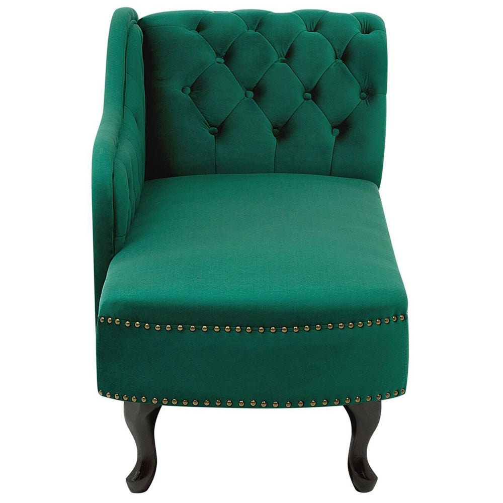 Chaise longue di colore Verde versione destra in Velluto abbottonato testa chiodata Stile Chesterfield