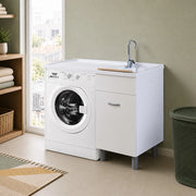 Mobile porta lavatrice 106x60 cm bianco opaco con vasca a destra e asse lavapanni incluso Medea