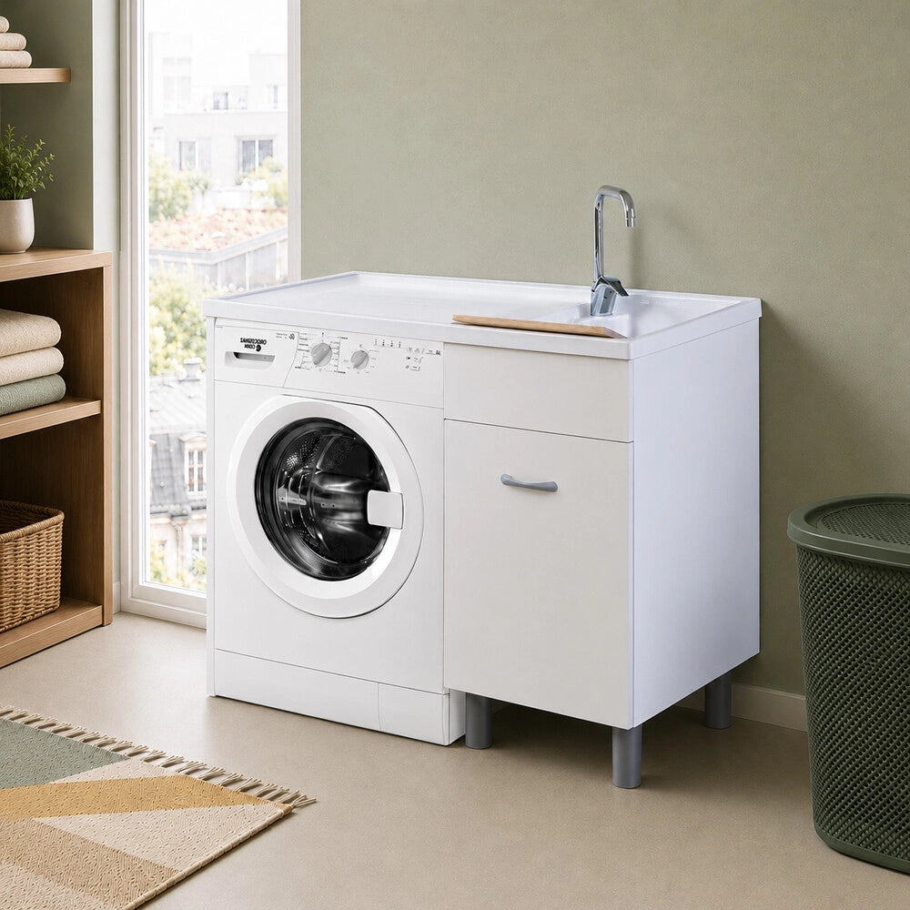 Mobile porta lavatrice 106x60 cm bianco opaco con vasca a destra e asse lavapanni incluso Medea