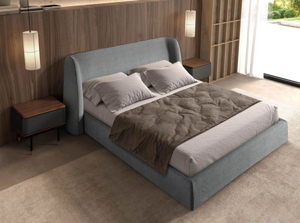 Comodino in legno grigio scuro opaco, acciaio nero e piano in noce