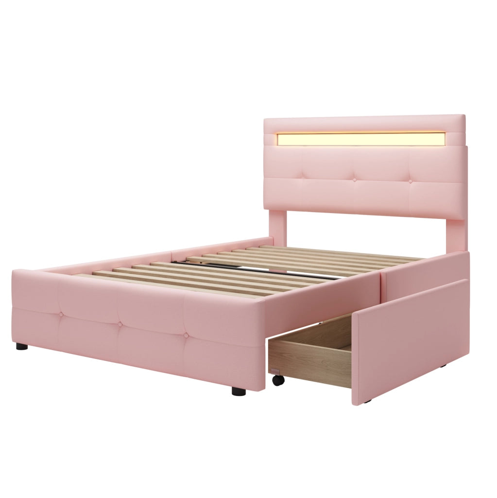 Letto singolo imbottito ULEVR 90x200 cm con LED, 2 cassetti e testiera regolabile, rosa