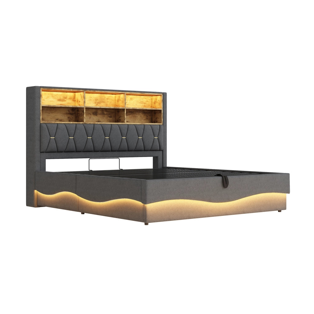 Letto Contenitore 180x200 cm; LED; USB e Stivaggio Idraulico; in Metallo e Lino; Grigio
