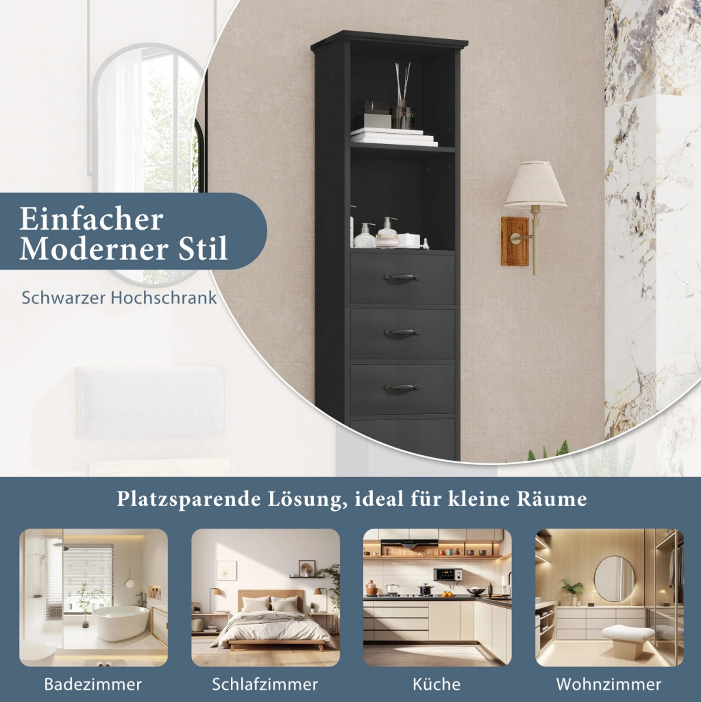 Mobile da bagno nero 38 x 26 x 172,5 cm con cassetti e ripiani regolabili