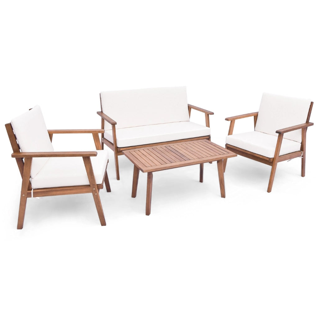 Set da divano in legno di acacia con cuscini morbidi per sedile e schienale, Set di conversazione da esterno in 4 pezzi Bianco-Set mobili da esterno