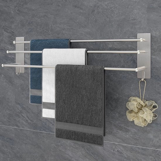 Maniglione per asciugamani 3 stanghe senza fori 75cm acciaio inossidabile SUS304 maniglione adesivo per asciugamani argento Maniglione per asciugamani con due ganci per cucina, bagno, camera da letto argento