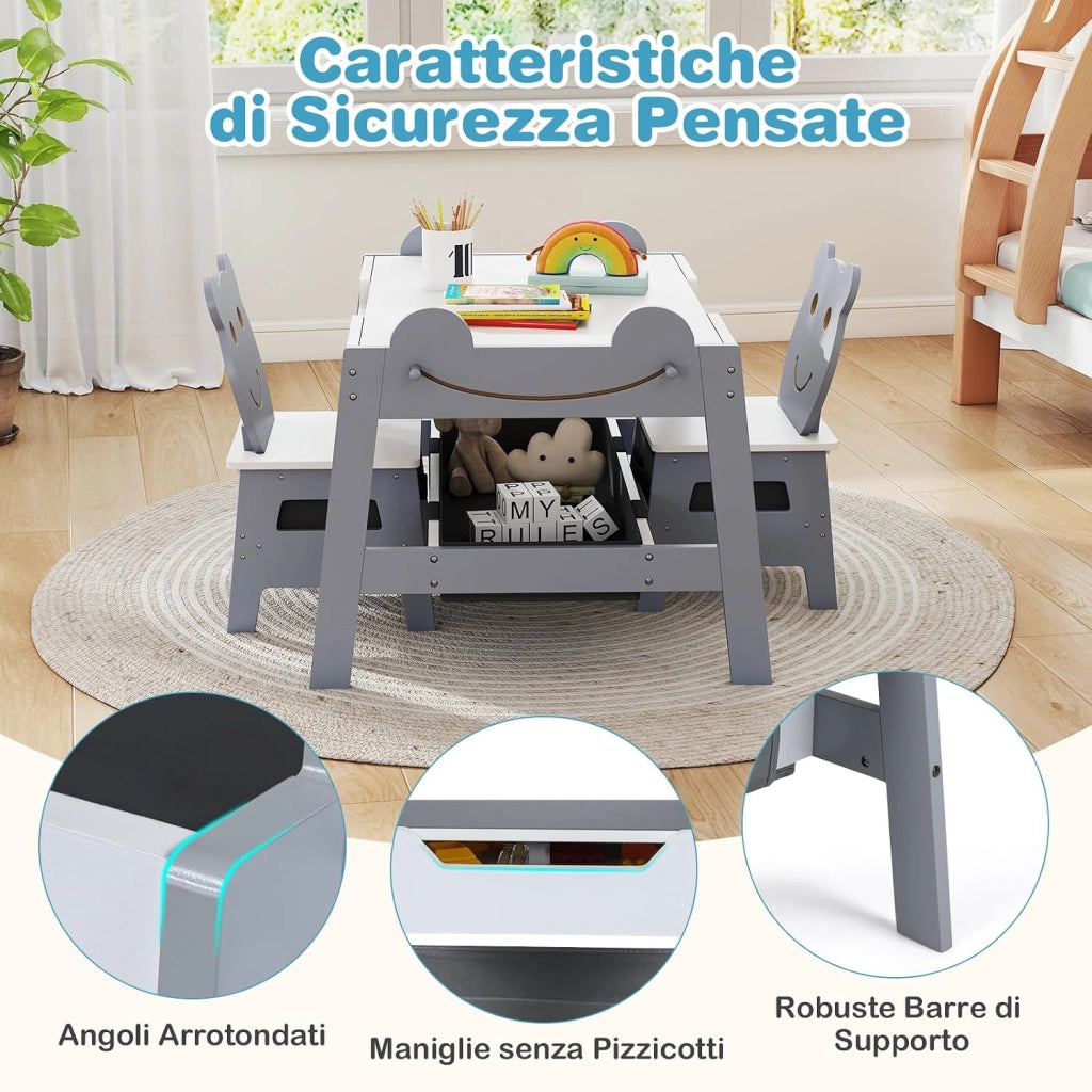 Set Tavolo e 2 Sedie per Bambini, 5 in 1 Tavolino e Sedie con 4 Ganci, 3 Scatole in Tessuto e Lavagna Reversibile per Bambini 3+ Anni per Cameretta Ragazzi (Grigio, Stile 5)