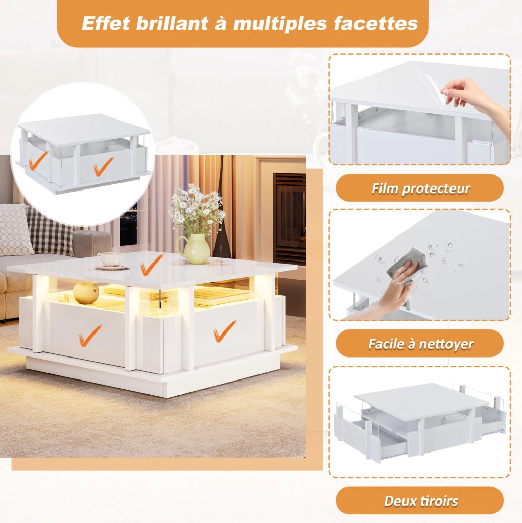 Tavolino da caffè quadrato 70x70x35 cm con 2 cassetti; LED e finitura lucida bianca