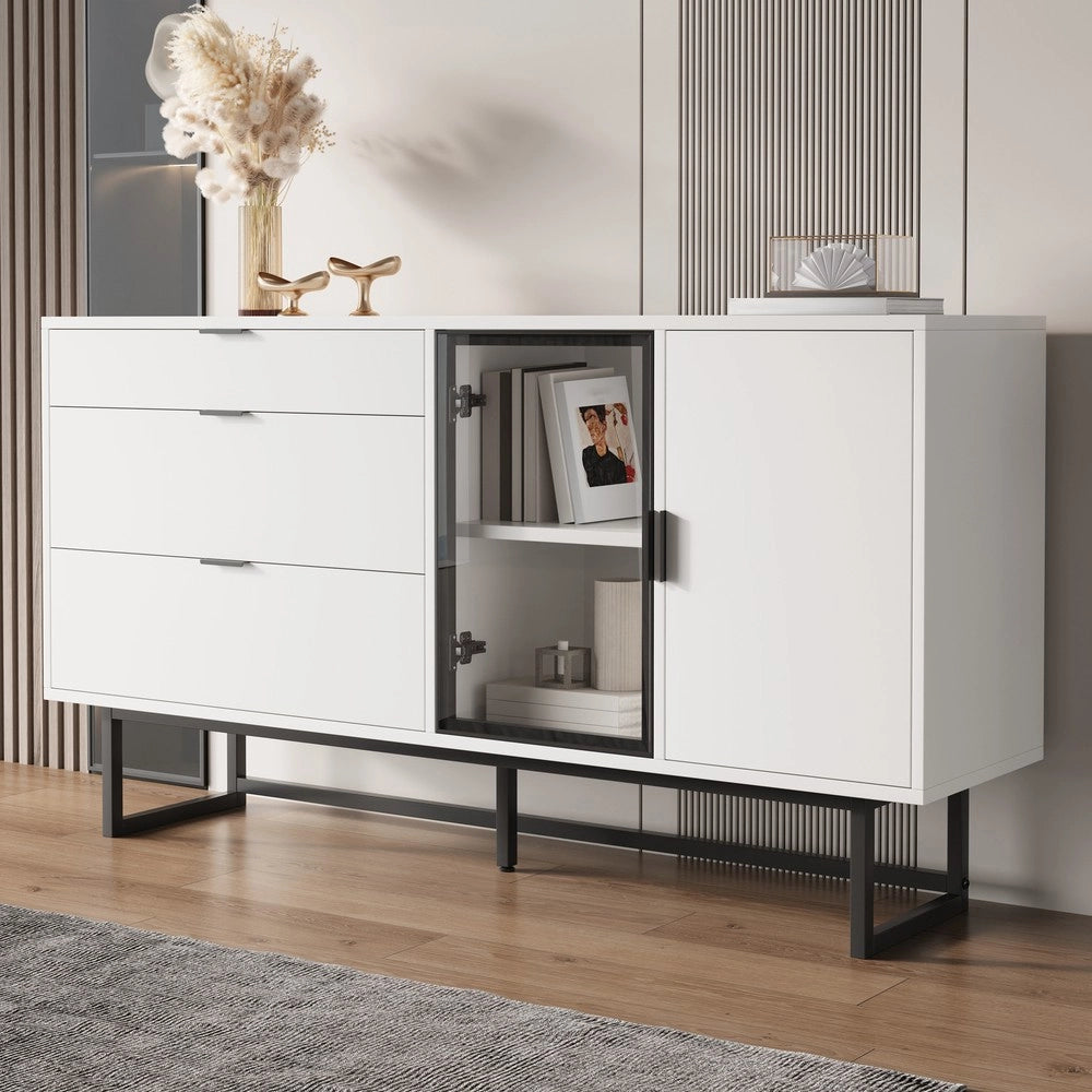 Mobile Credenza con Vetrina, Cassetti e LED ¨C MINIMAL ¨C Bianco Lucido