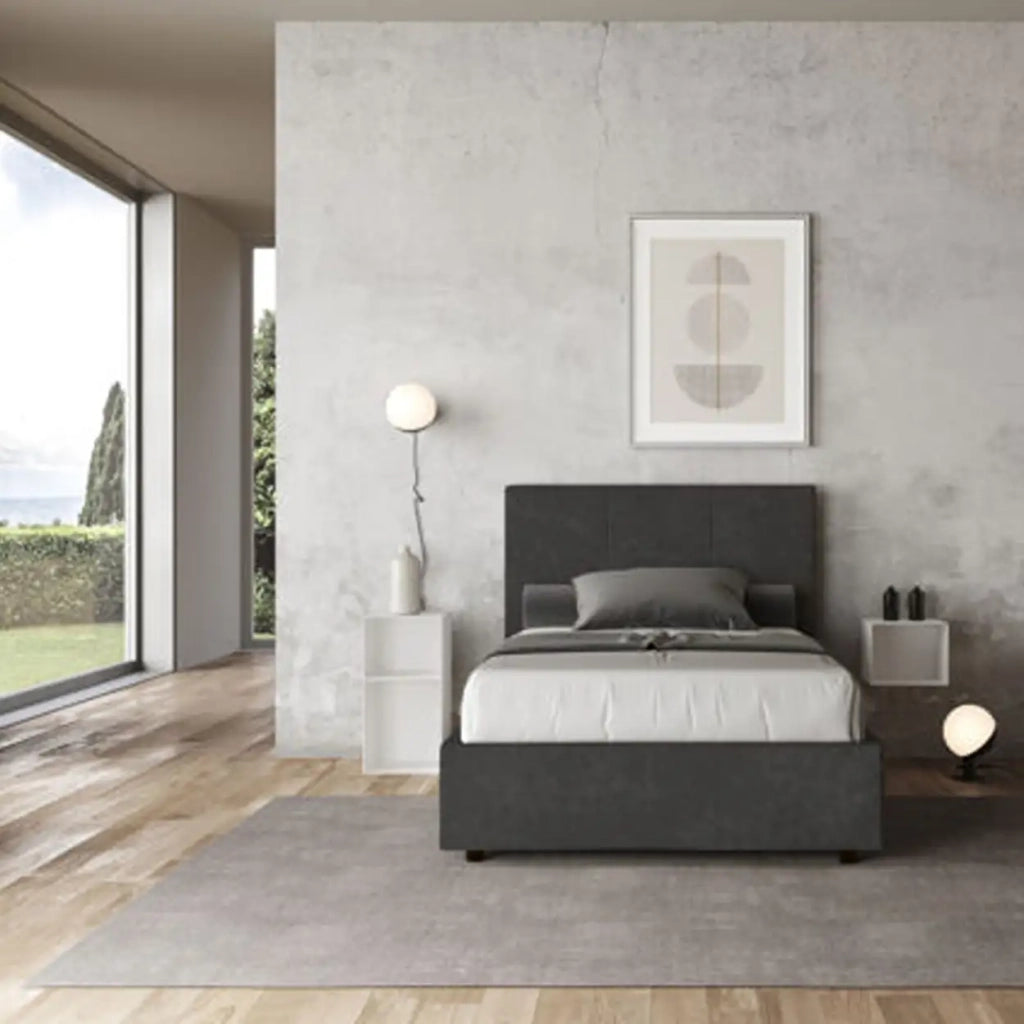 Letto una piazza e mezza contenitore imbottito 120x210 microfibra grigio Mika