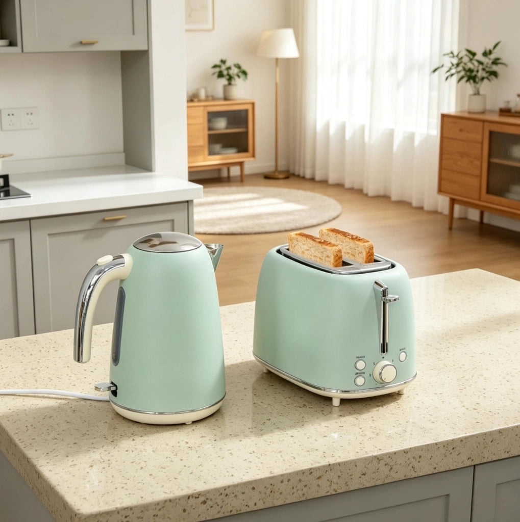 Set bollitore elettrico e tostapane ULEVR 1,7 L, 2200 W, 7 livelli di doratura, verde chiaro e argento
