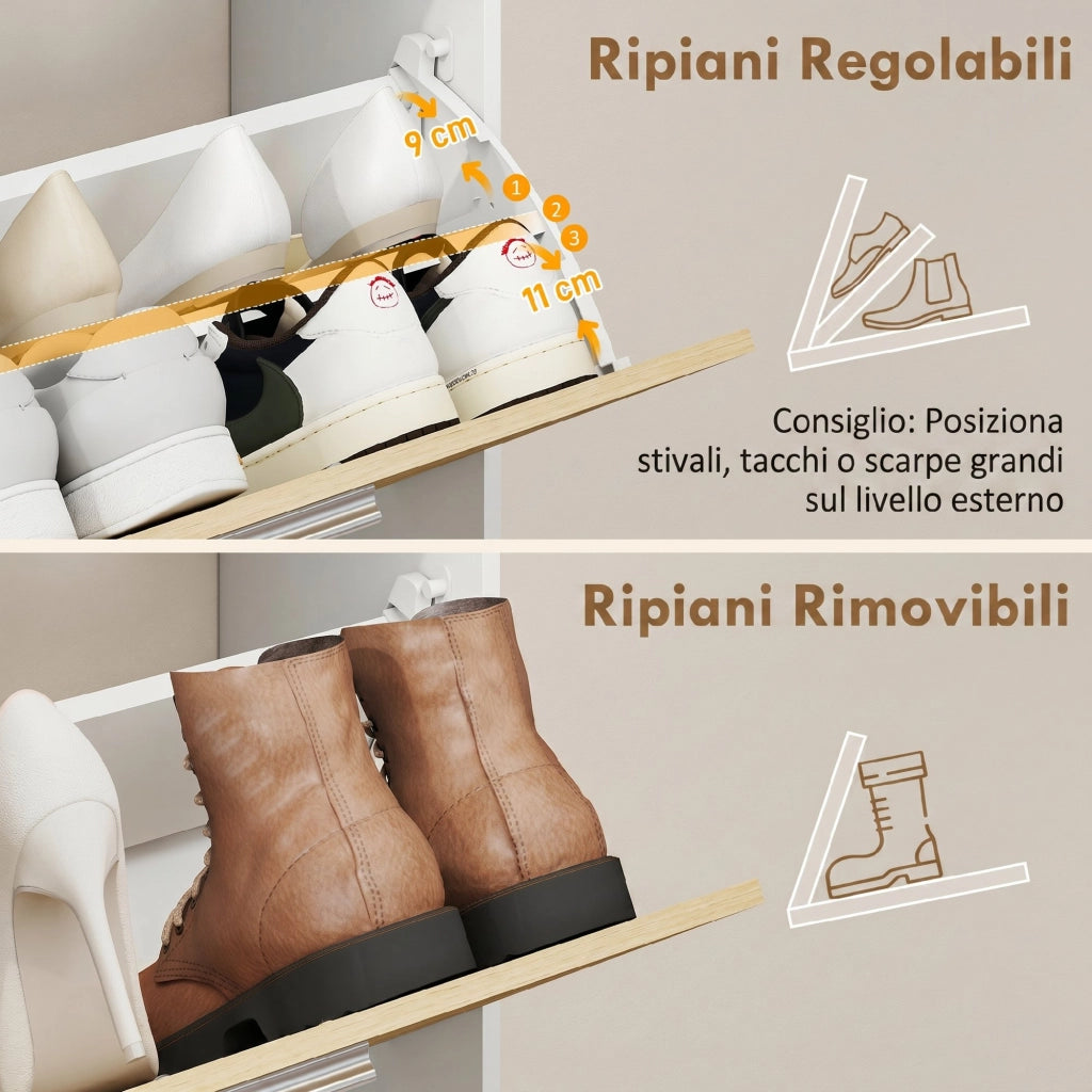Mobile Portascarpe con 2 cassetti ribaltabili e ripiani. Bianco e Legno Naturale.