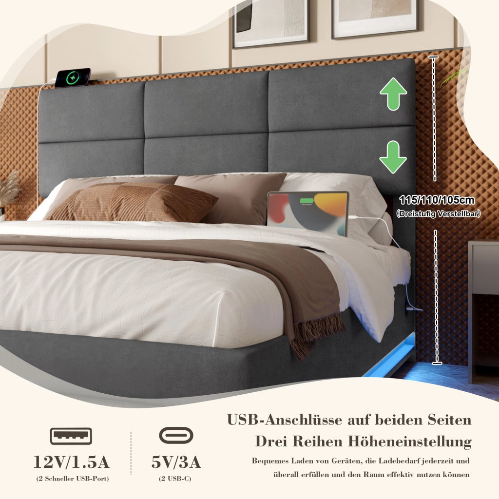 OKWISH Letto Contenitore 160×200 cm, Letto Matrimoniale con USB, Tipo C, LED Regolabile e Testiera Regolabile, senza Materasso, in Velluto, Grigio Scuro
