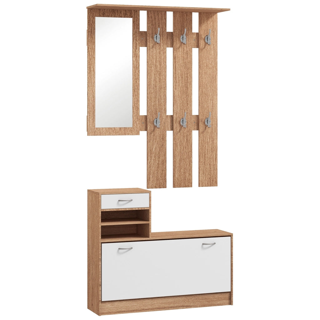 Mobile Appendiabiti 3 in 1 con Scarpiera e Specchio, Ganci e Cassetti, in Legno, 90x24x177 cm, Bianco e Noce