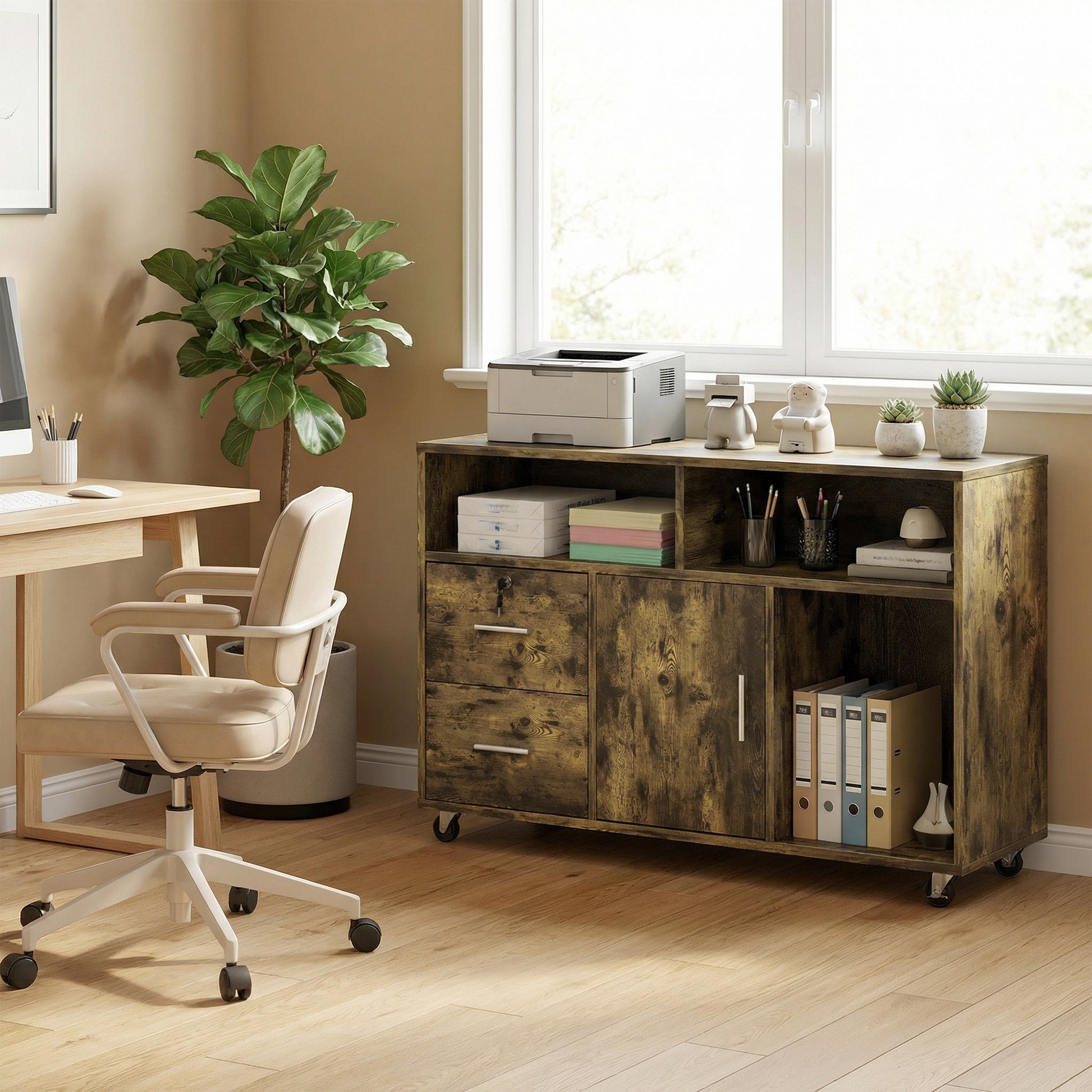Mobile Porta Stampante 100x35x65 cm a Rotelle con 2 Cassetti 3 Ripiani e 2 Armadietti in Legno Marrone