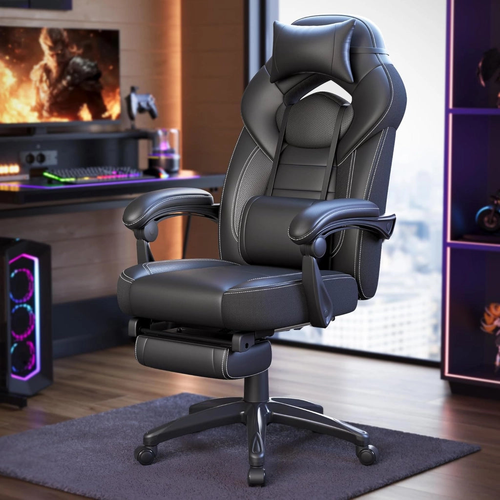 SONGMICS Sedia Gaming, Sedia Ufficio Scrivania, Ergonomico, con Poggiapiedi, Poggiatesta Regolabile, Cuscino Lombare, Portata 150 kg, Nero Inchiostro OBG077BH21