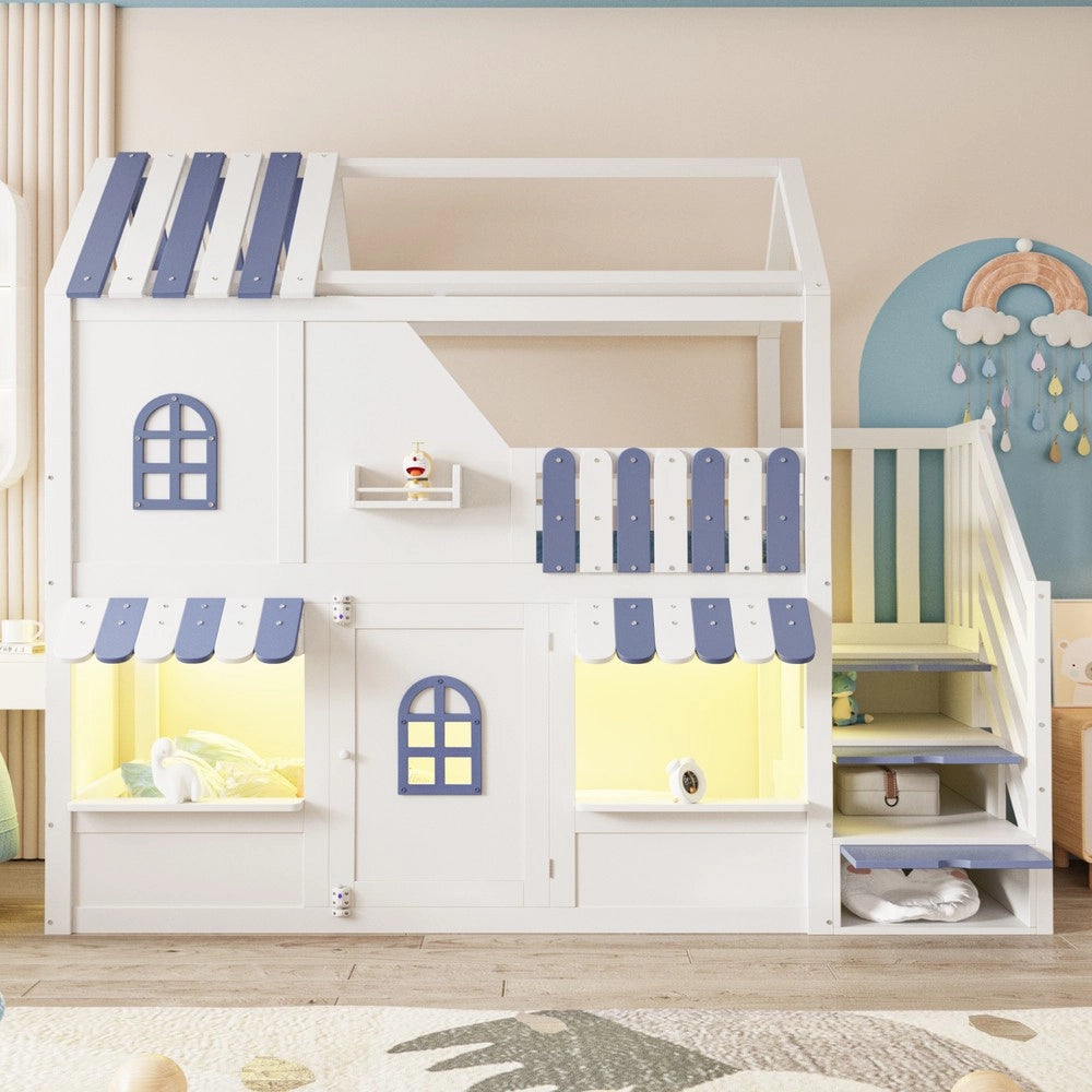 Letto a Castello Bambini Casetta con LED e Scaffale ¨C Xylo ¨C Bianco e Blu 90x200