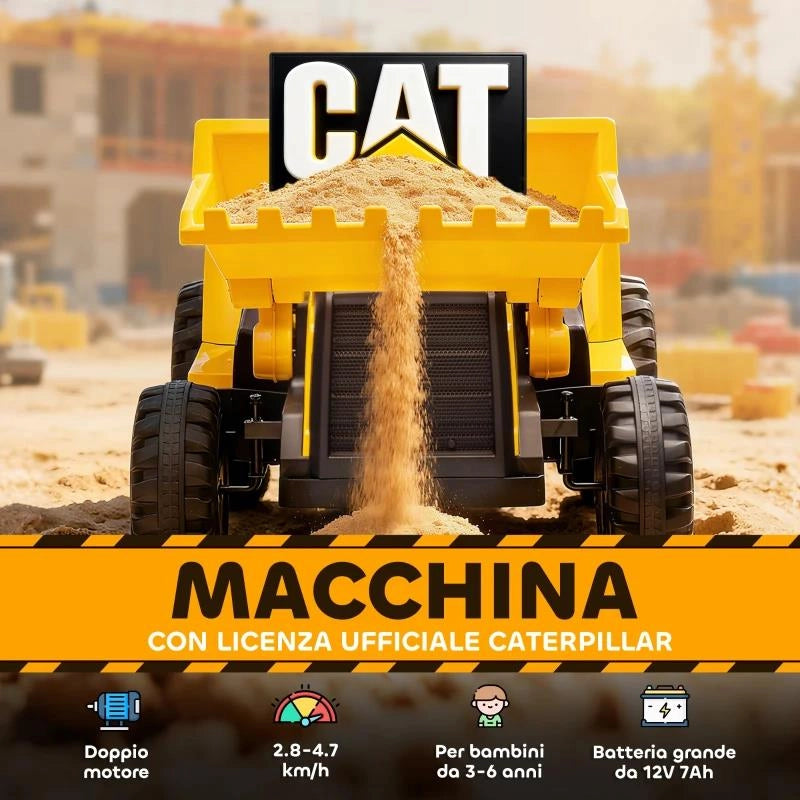 RUSPA ELETTRICA PER BAMBINI 3-6 ANNI MARCHIO UFFICIALE CATERPILLAR 12V CON TELECOMANDO, GIALLO