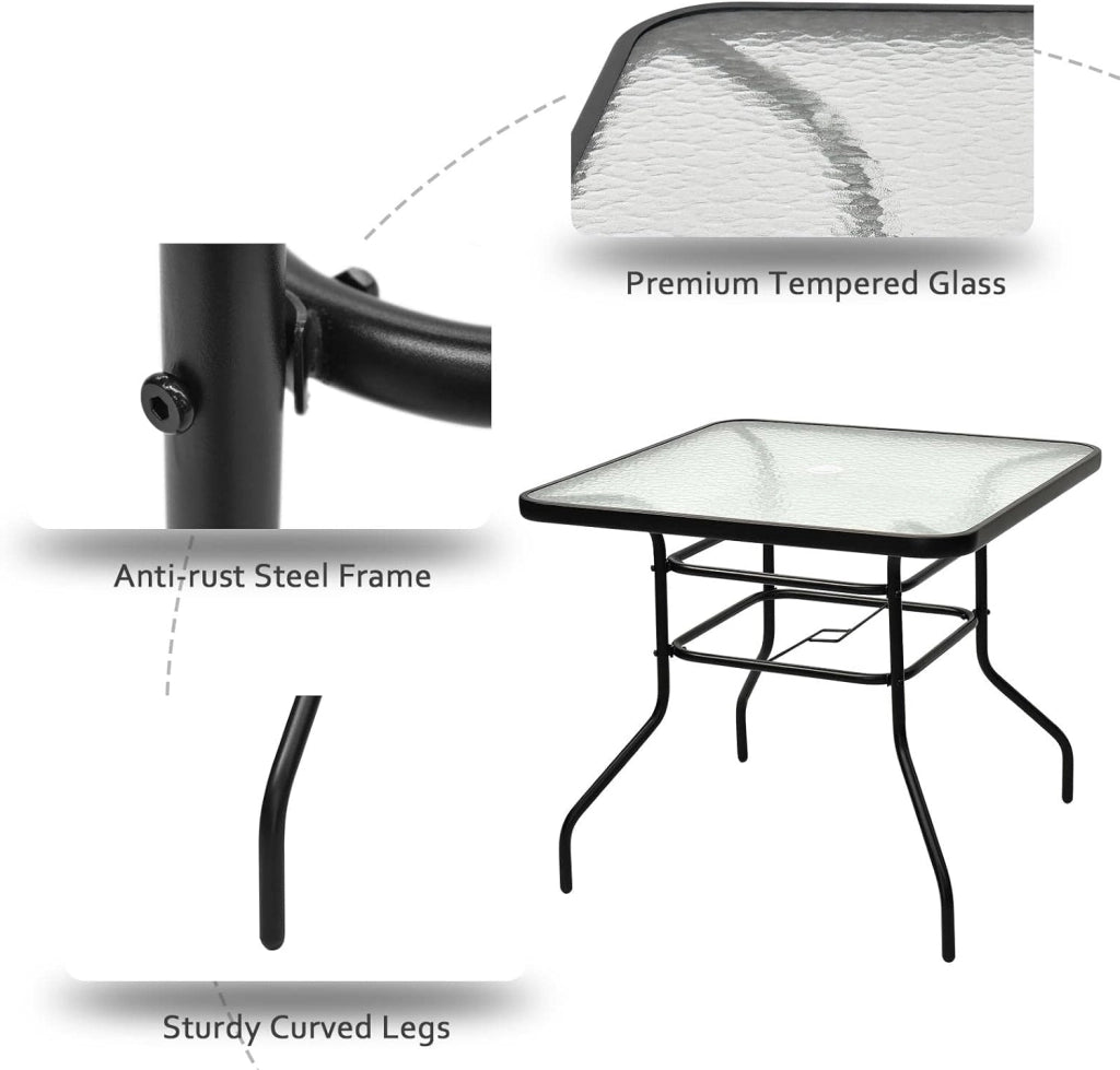 Tavolino Quadrato da Giardino con Foro per Ombrellone, Tavolo da Bistrot con Piano in Vetro e Telaio in Metallo, Tavolo da Caffé Portata fino a 80 kg, per Balcone, Terrazza, Giardino, Nero