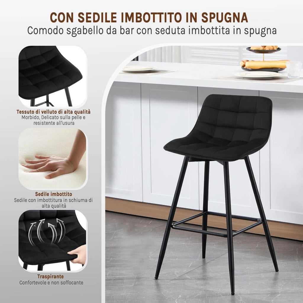 4X Sgabelli da Bar Moderni Sedia da Cucina Pranzo con Poggiapiedi Rivestimento in Velluto Nero