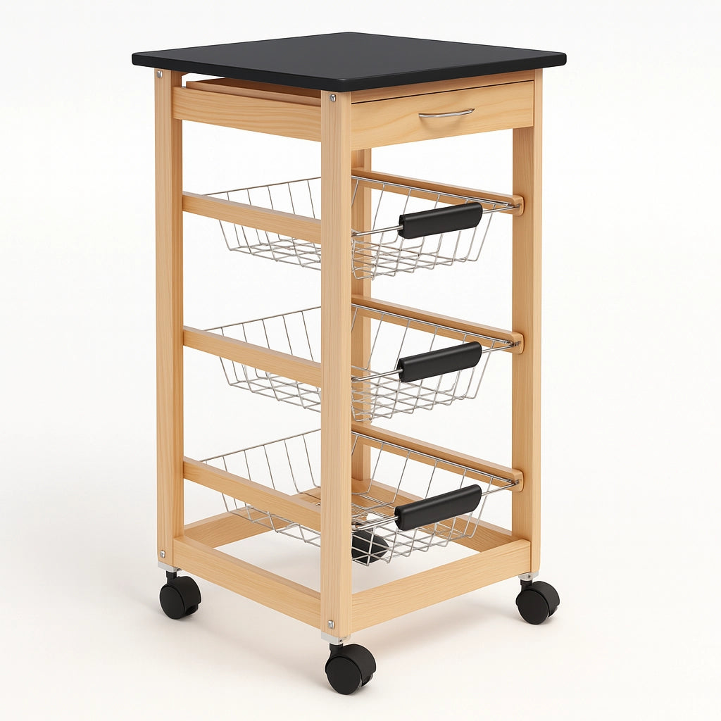 Carrello Cucina Legno 3 Cestelli Acciaio Top Nero 1 Cassetto Salvaspazio Noce Naturale
