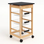 Carrello Cucina Legno 3 Cestelli Acciaio Top Nero 1 Cassetto Salvaspazio Noce Naturale