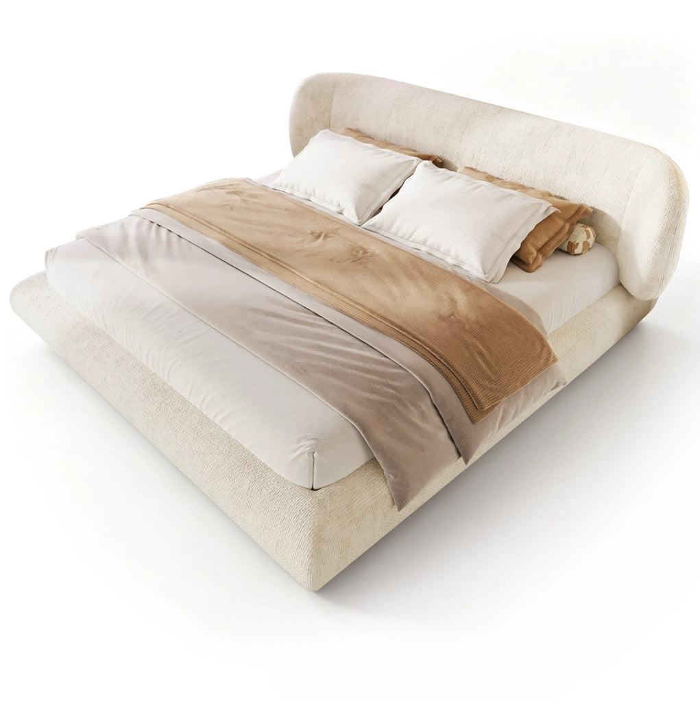 Letto matrimoniale imbottito 140 x 190 cm in ciniglia beige con rete a doghe e testiera