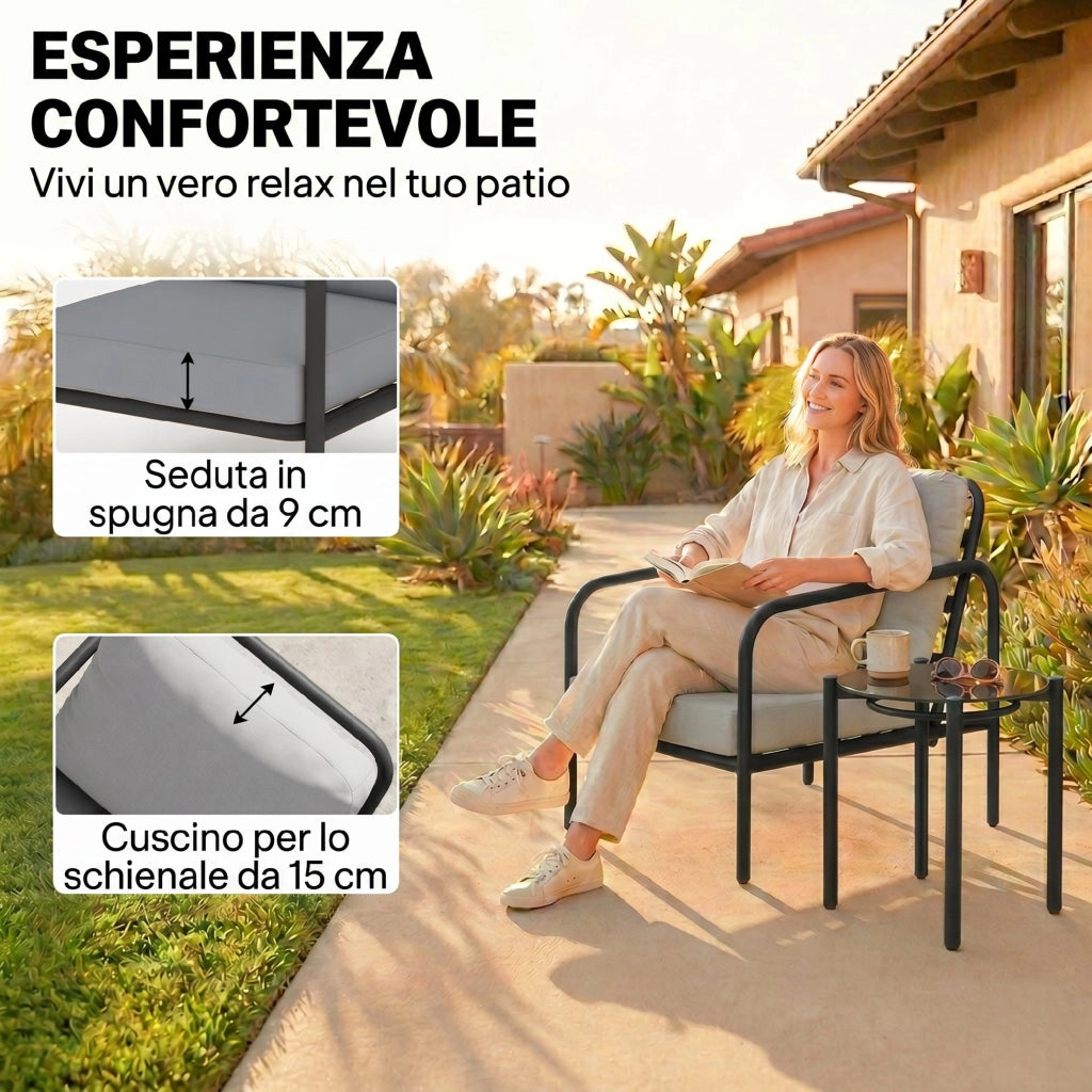 Set da Bistr¨° da 3 Pezzi in Acciaio con 2 Sedie con Cuscini Spessi. Tavolino con Piano in Vetro Temperato Nero