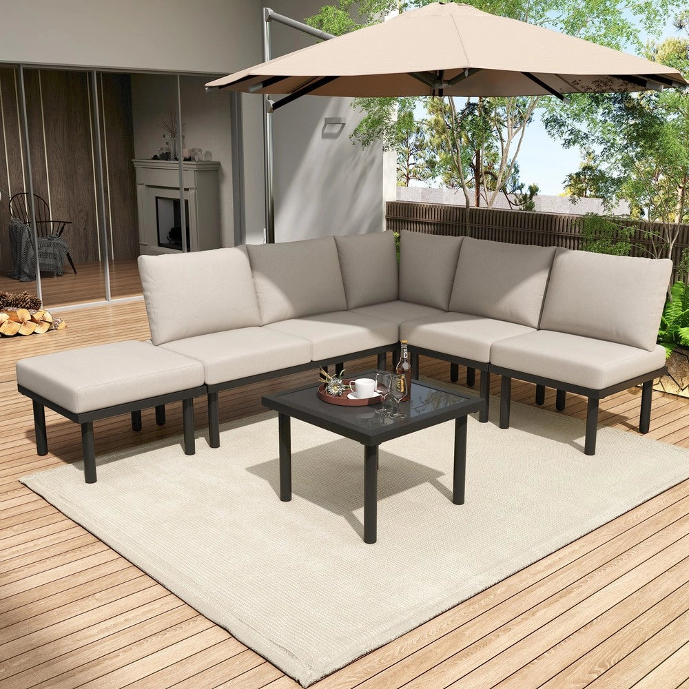 Set da giardino 6 posti - Zephmum- Telaio in ferro zincato, tavolo in vetro, cuscini inclusi
