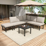 Set da giardino 6 posti - Zephmum- Telaio in ferro zincato, tavolo in vetro, cuscini inclusi