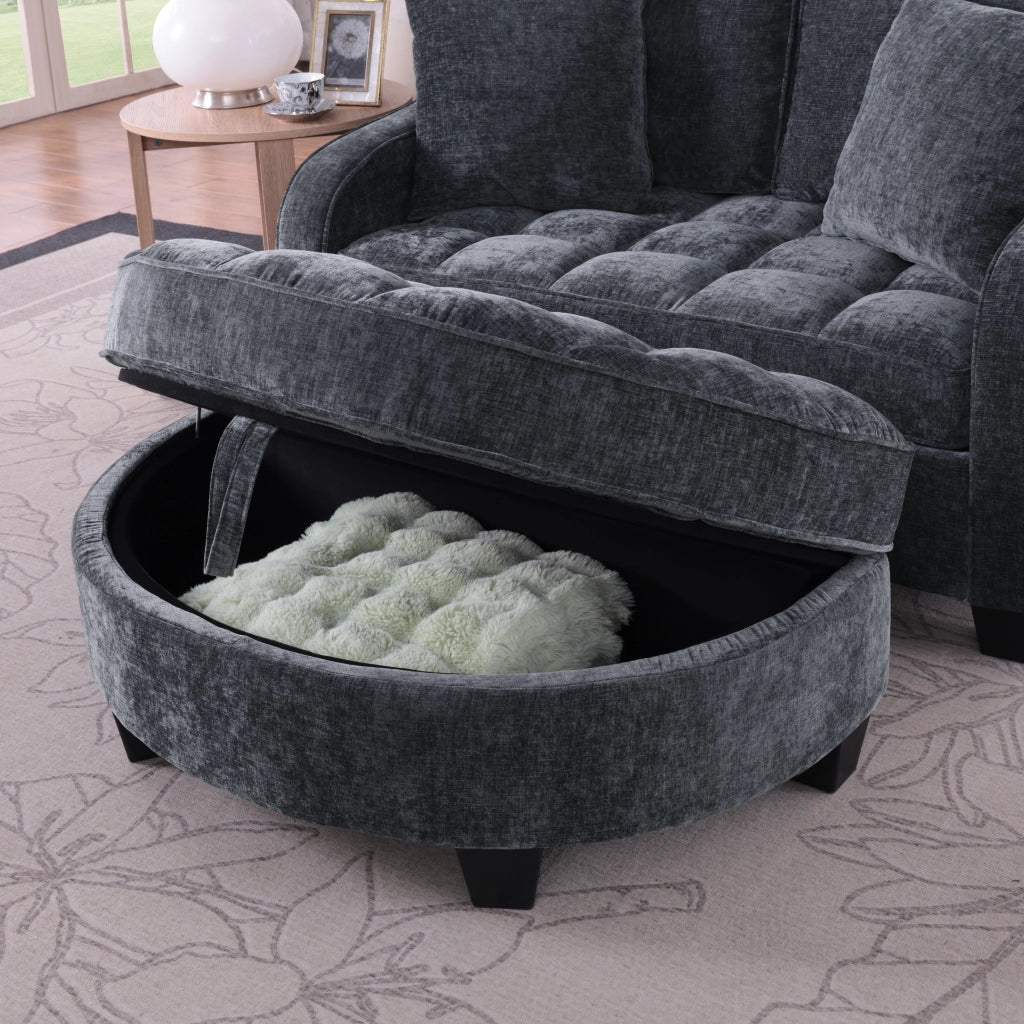 Divano letto convertibile con pouf contenitore e chaise longue; in tessuto; legno di eucalipto; nero; 132 Ã— 129 Ã— 93 cm